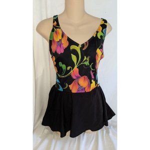 Longitude Women’s Sz 10 One Piece Swimsuit Swimdress Black Floral Vintage Euc